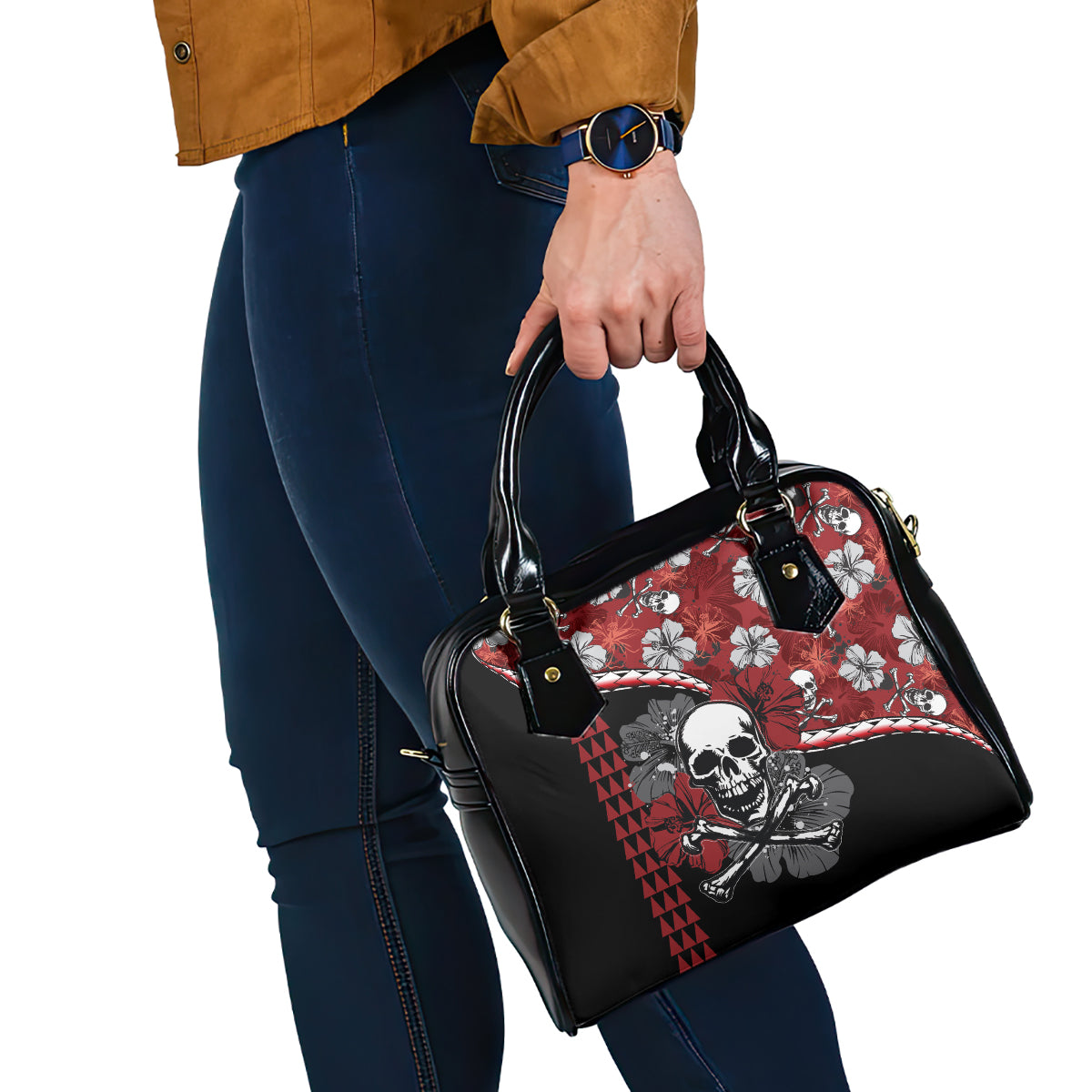 Hawaii Halloween Shoulder Handbag Hibiscus Skull Kakau Pattern LT01 - Polynesian Pride