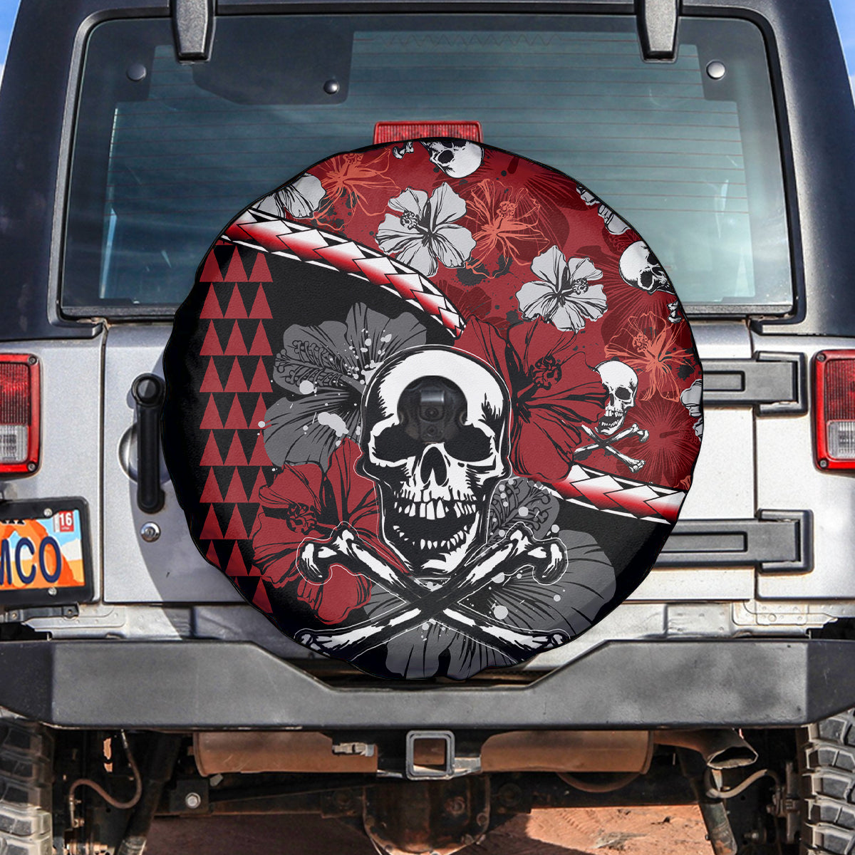 Hawaii Halloween Spare Tire Cover Hibiscus Skull Kakau Pattern LT01 - Polynesian Pride
