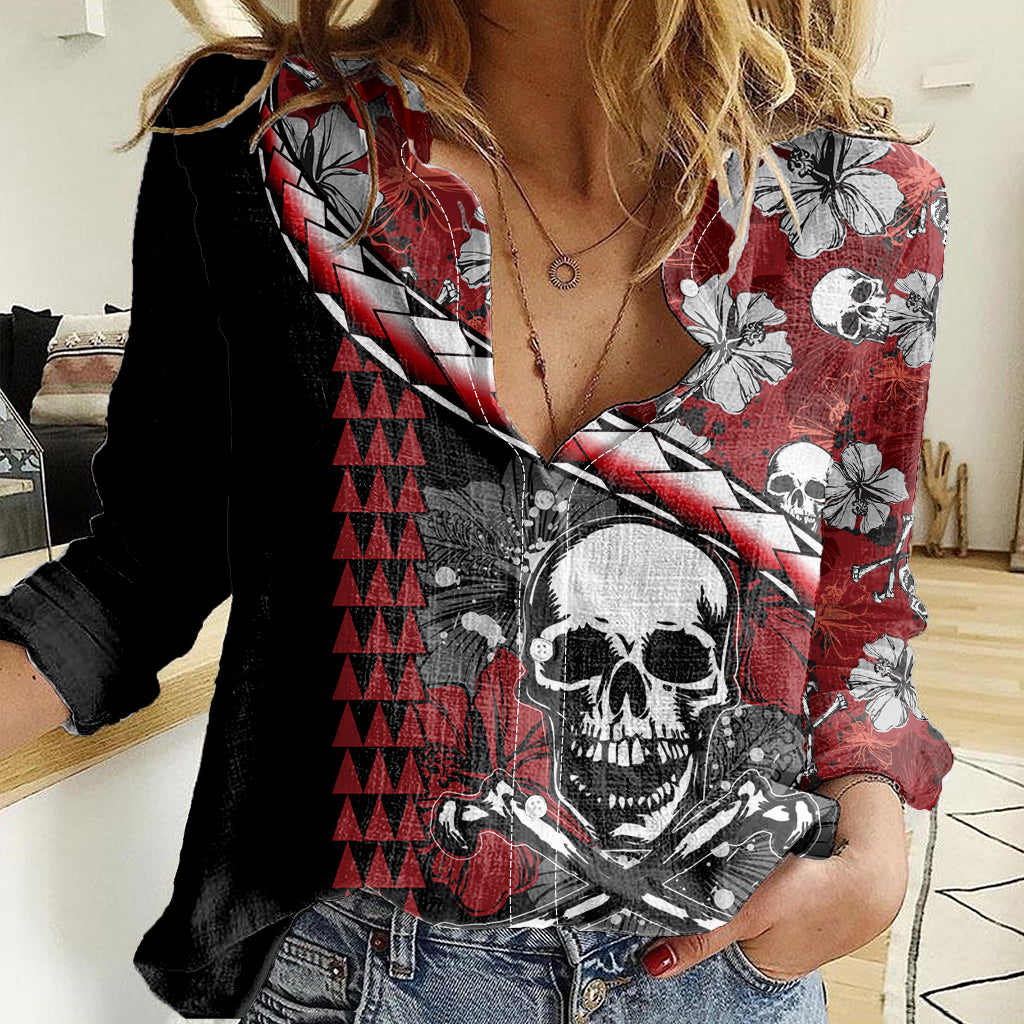 Hawaii Halloween Women Casual Shirt Hibiscus Skull Kakau Pattern LT01 Female Red - Polynesian Pride