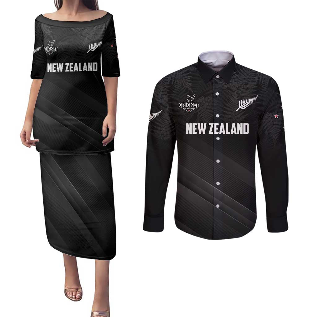 Custom New Zealand Cricket Couples Matching Puletasi and Long Sleeve Button Shirt Aotearoa Black Cap Come On LT01 Black - Polynesian Pride