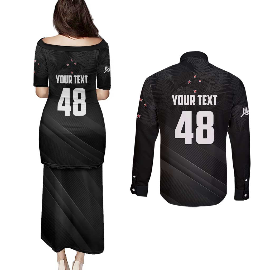 Custom New Zealand Cricket Couples Matching Puletasi and Long Sleeve Button Shirt Aotearoa Black Cap Come On LT01 - Polynesian Pride