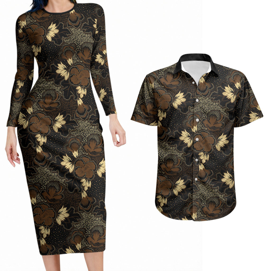 Javanese Batik Semen Couples Matching Long Sleeve Bodycon Dress and Hawaiian Shirt Indonesian Traditional Pattern LT01 Black - Polynesian Pride