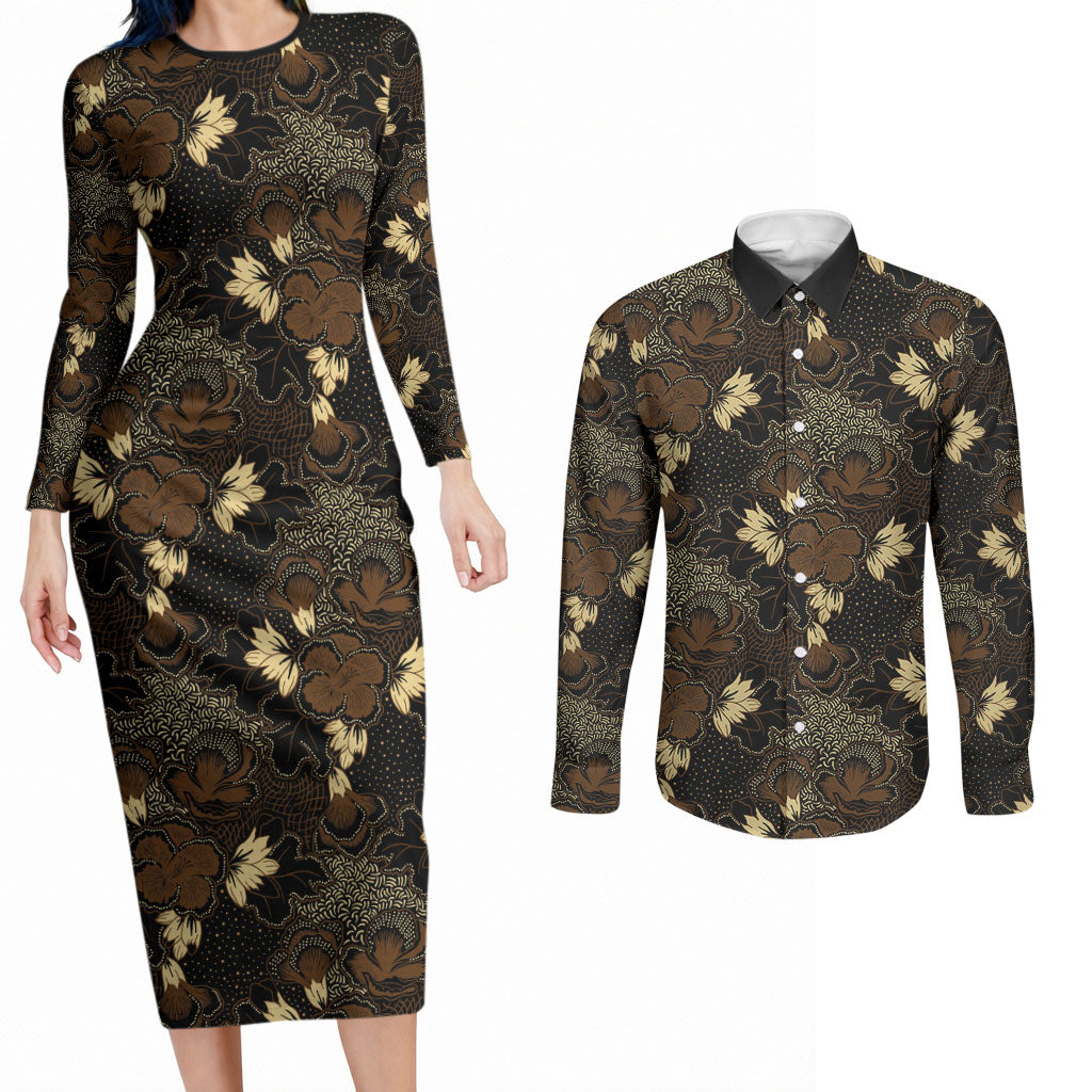 Javanese Batik Semen Couples Matching Long Sleeve Bodycon Dress and Long Sleeve Button Shirt Indonesian Traditional Pattern LT01 Black - Polynesian Pride