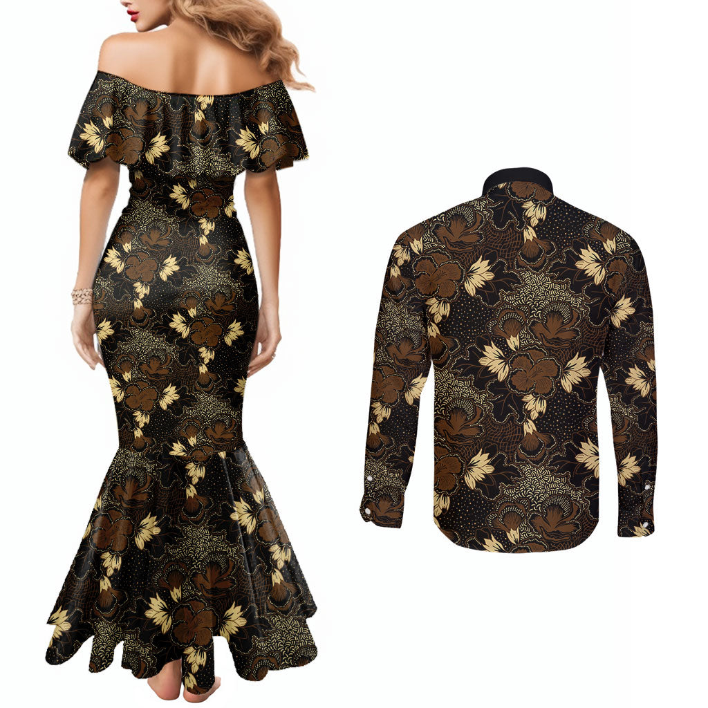 Javanese Batik Semen Couples Matching Mermaid Dress and Long Sleeve Button Shirt Indonesian Traditional Pattern