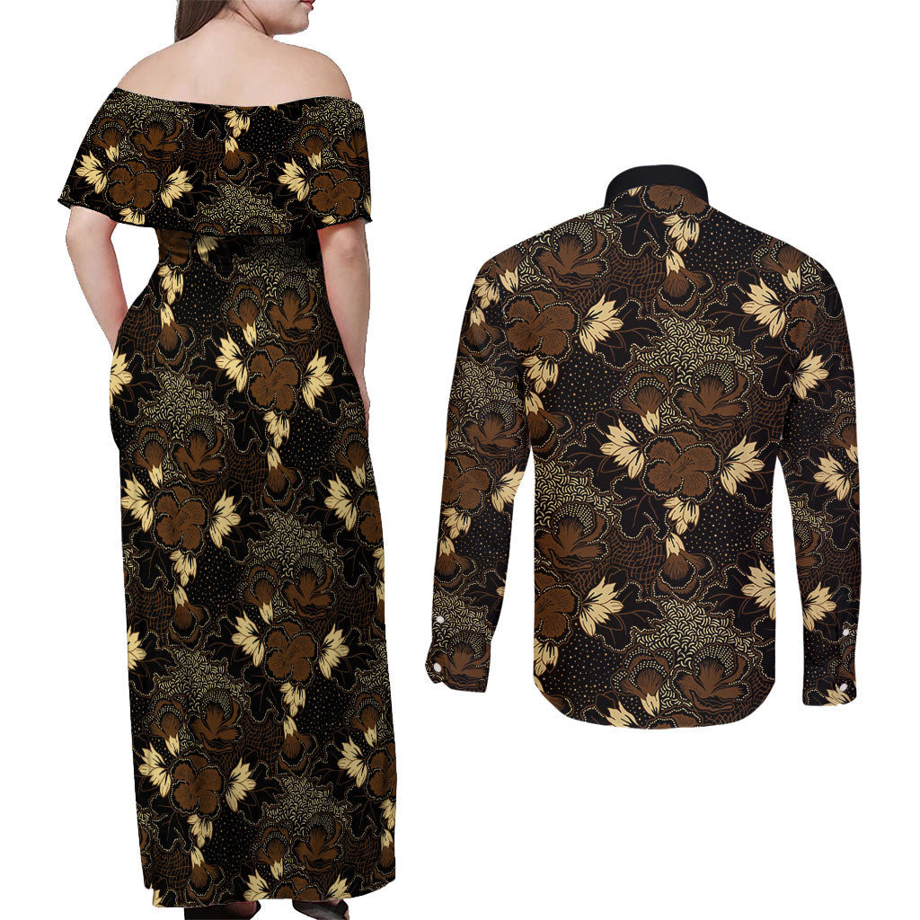 Javanese Batik Semen Couples Matching Off Shoulder Maxi Dress and Long Sleeve Button Shirt Indonesian Traditional Pattern