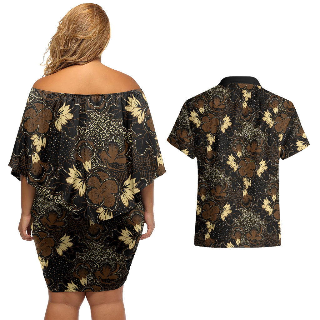 Javanese Batik Semen Couples Matching Off Shoulder Short Dress and Hawaiian Shirt Indonesian Traditional Pattern
