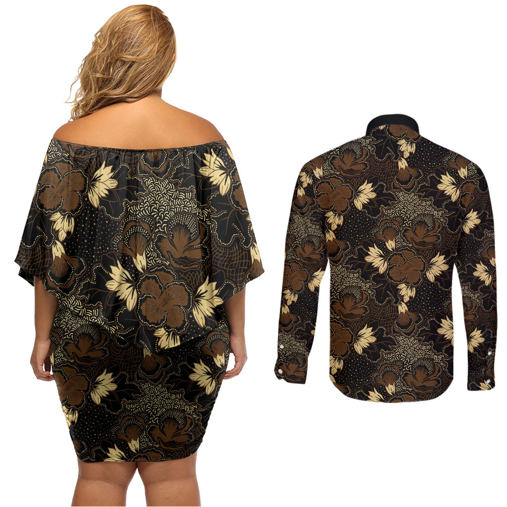 Javanese Batik Semen Couples Matching Off Shoulder Short Dress and Long Sleeve Button Shirt Indonesian Traditional Pattern