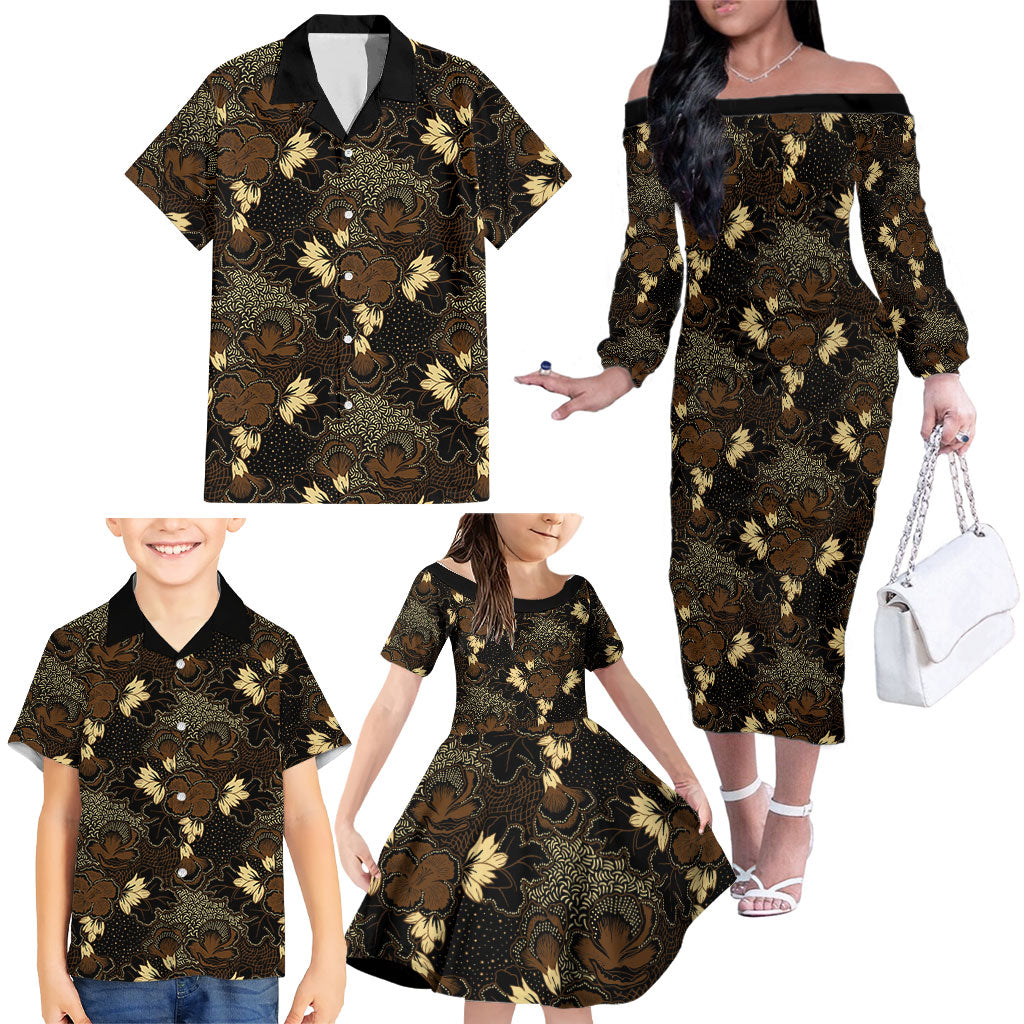 Javanese Batik Semen Family Matching Off The Shoulder Long Sleeve Dress and Hawaiian Shirt Indonesian Traditional Pattern