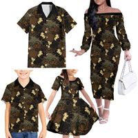 Javanese Batik Semen Family Matching Off The Shoulder Long Sleeve Dress and Hawaiian Shirt Indonesian Traditional Pattern
