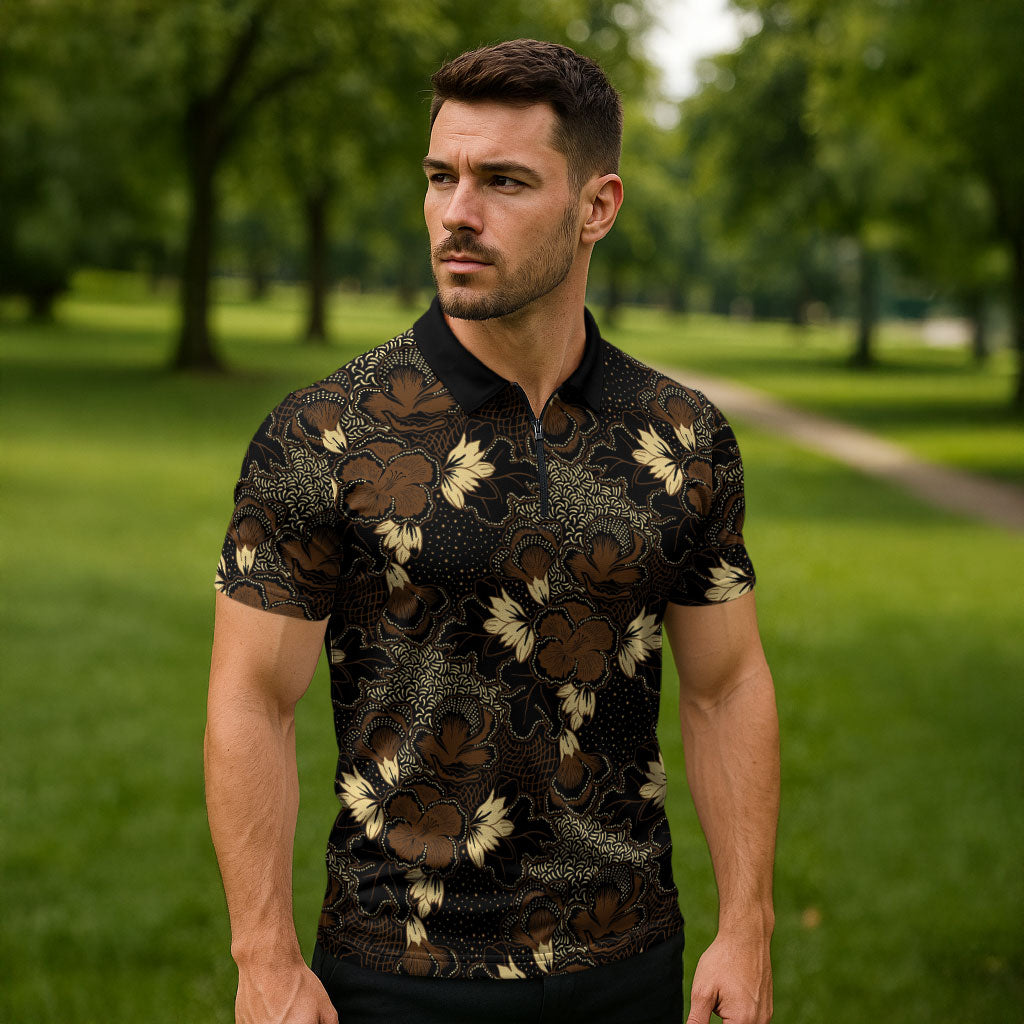 Javanese Batik Semen Zipper Polo Shirt Indonesian Traditional Pattern