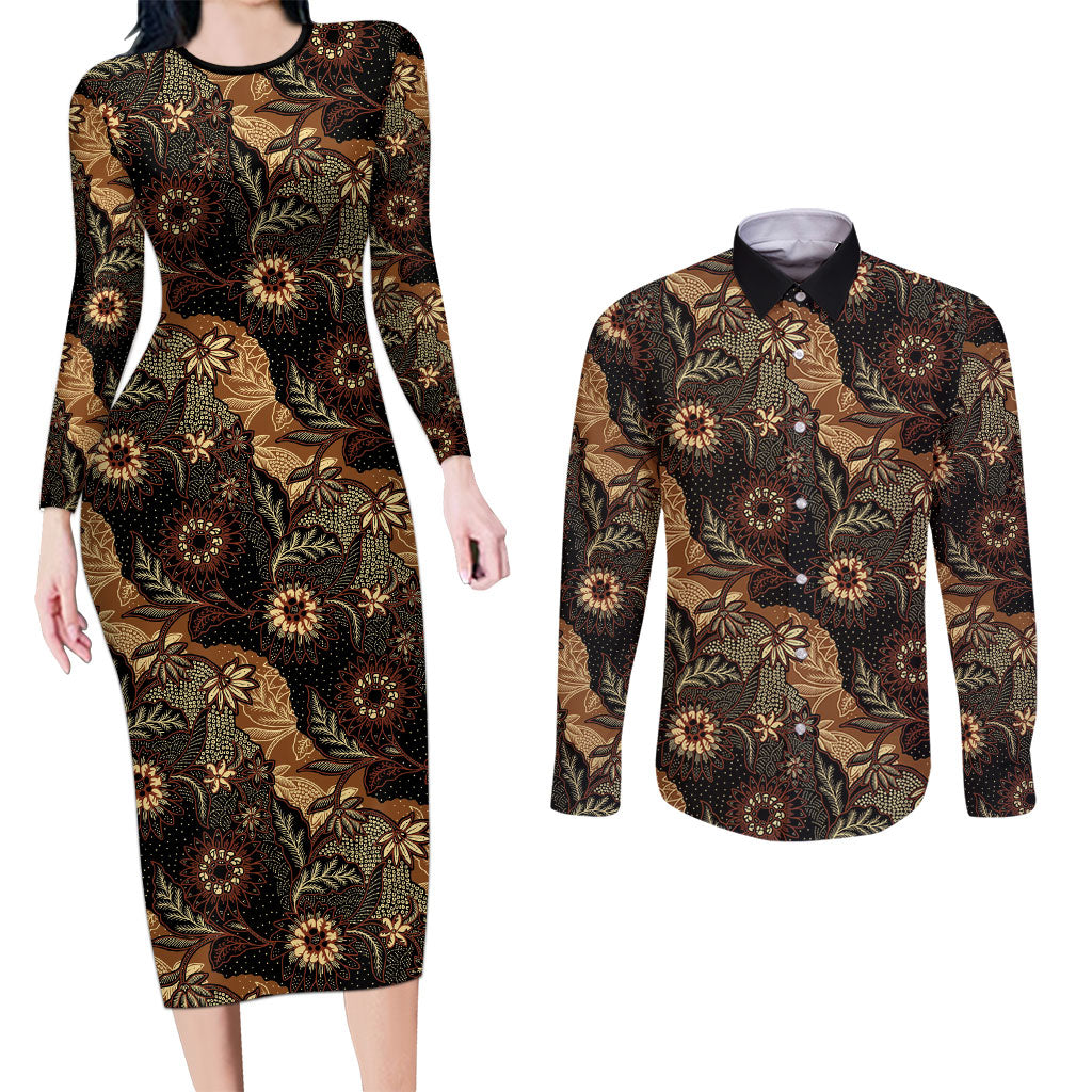 Batik Pedalaman Semen Lereng Style Couples Matching Long Sleeve Bodycon Dress and Long Sleeve Button Shirt Indonesian Traditional Pattern