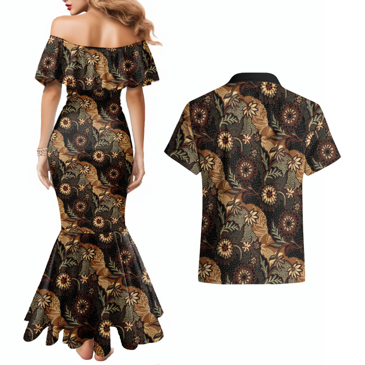 Batik Pedalaman Semen Lereng Style Couples Matching Mermaid Dress and Hawaiian Shirt Indonesian Traditional Pattern