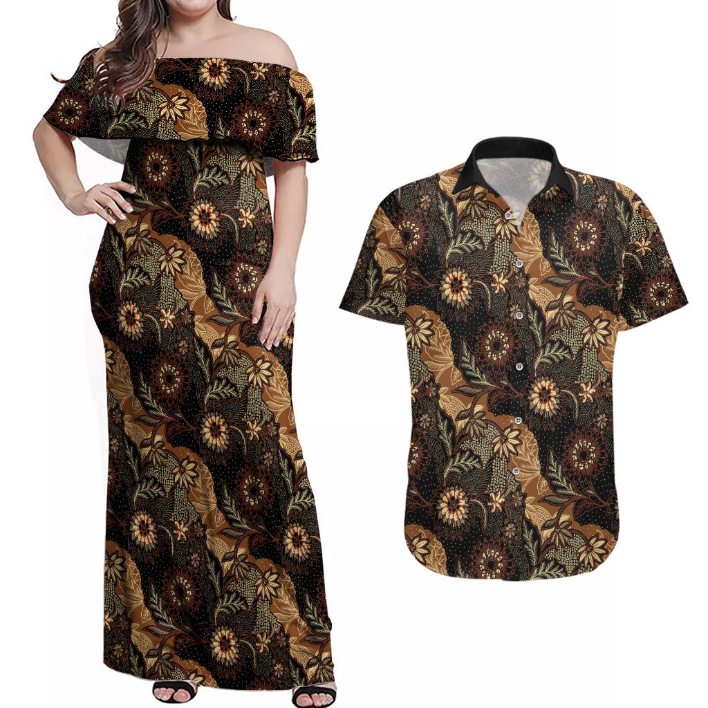 Batik Pedalaman Semen Lereng Style Couples Matching Off Shoulder Maxi Dress and Hawaiian Shirt Indonesian Traditional Pattern