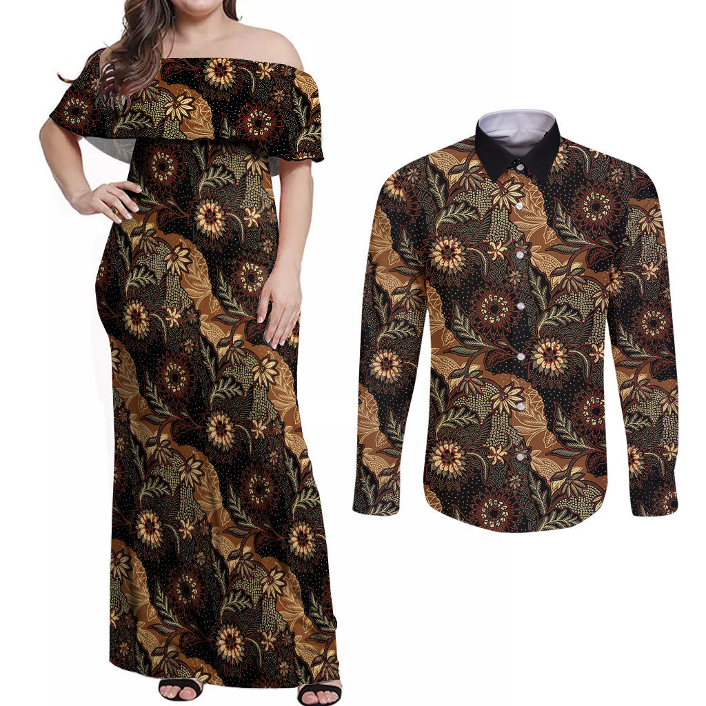 Batik Pedalaman Semen Lereng Style Couples Matching Off Shoulder Maxi Dress and Long Sleeve Button Shirt Indonesian Traditional Pattern