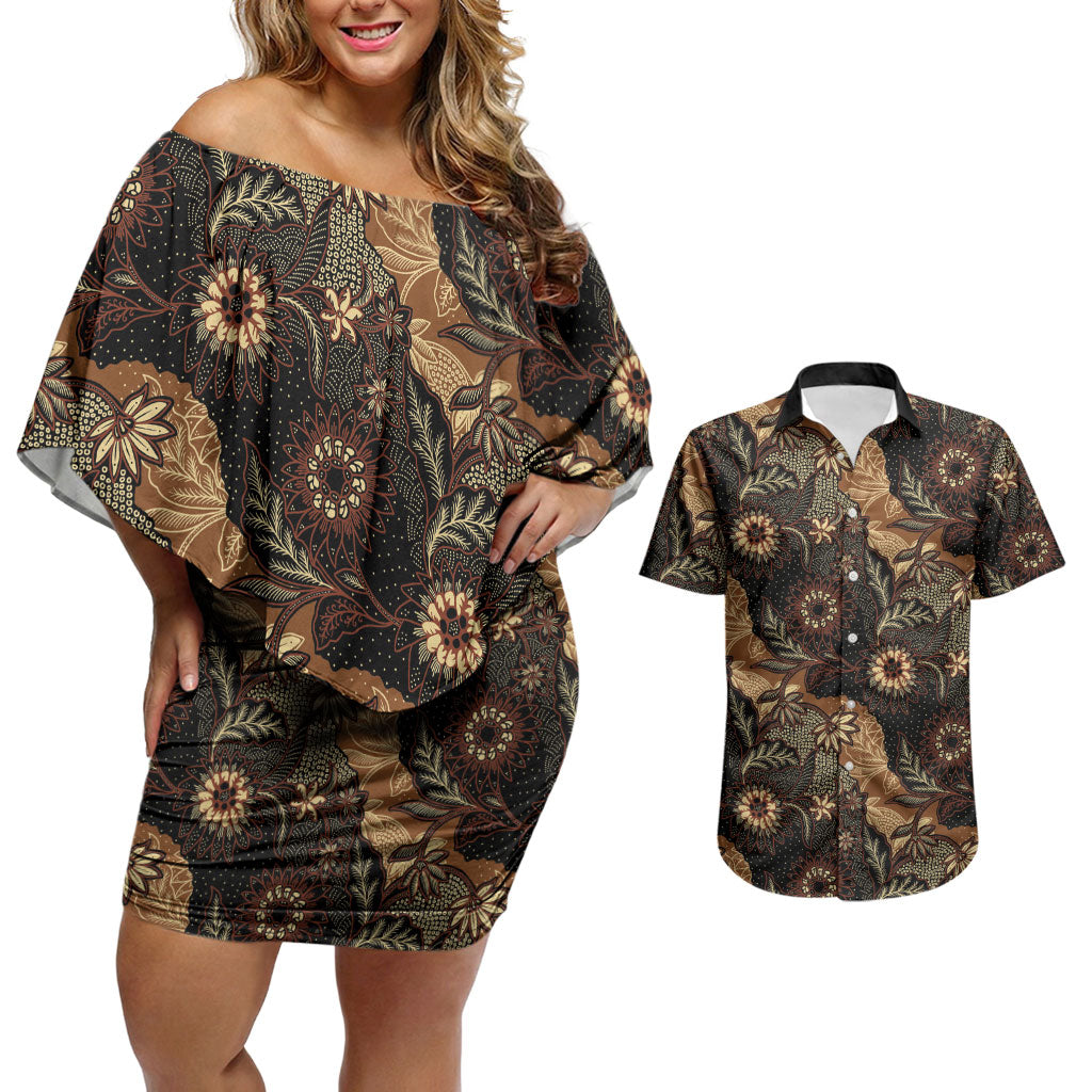 Batik Pedalaman Semen Lereng Style Couples Matching Off Shoulder Short Dress and Hawaiian Shirt Indonesian Traditional Pattern LT01 Black - Polynesian Pride