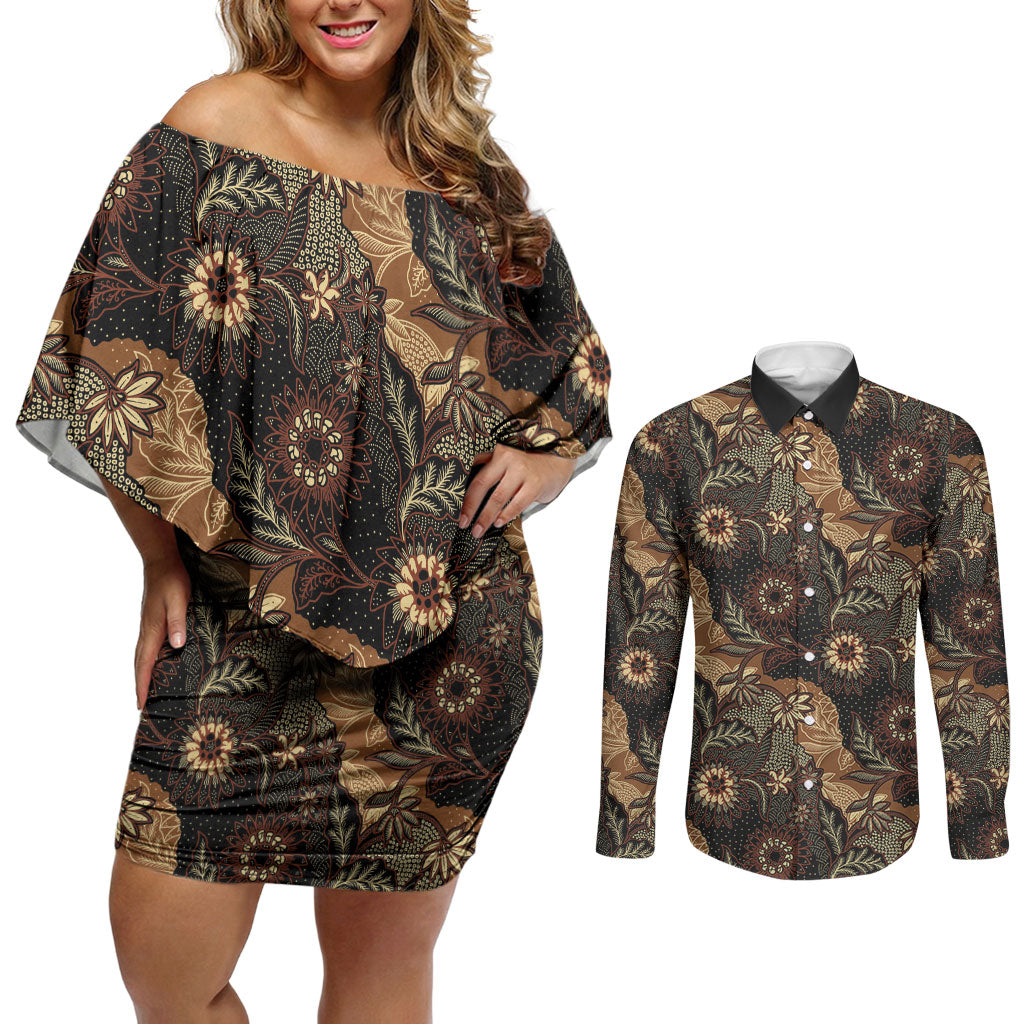 Batik Pedalaman Semen Lereng Style Couples Matching Off Shoulder Short Dress and Long Sleeve Button Shirt Indonesian Traditional Pattern LT01 Black - Polynesian Pride