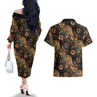 Batik Pedalaman Semen Lereng Style Couples Matching Off The Shoulder Long Sleeve Dress and Hawaiian Shirt Indonesian Traditional Pattern