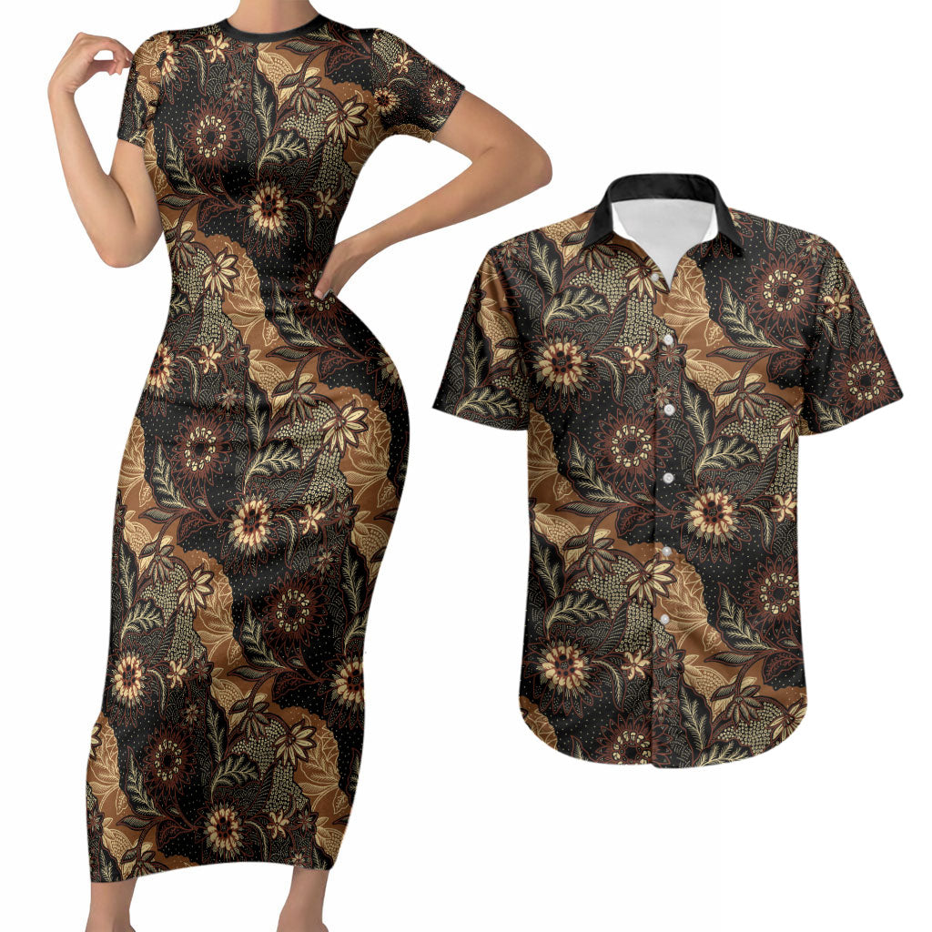 Batik Pedalaman Semen Lereng Style Couples Matching Short Sleeve Bodycon Dress and Hawaiian Shirt Indonesian Traditional Pattern LT01 Black - Polynesian Pride