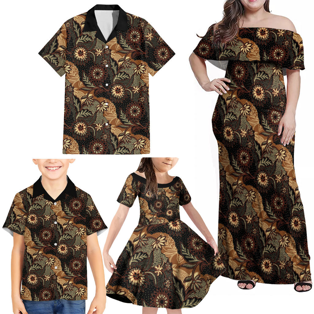 Batik Pedalaman Semen Lereng Style Family Matching Off Shoulder Maxi Dress and Hawaiian Shirt Indonesian Traditional Pattern
