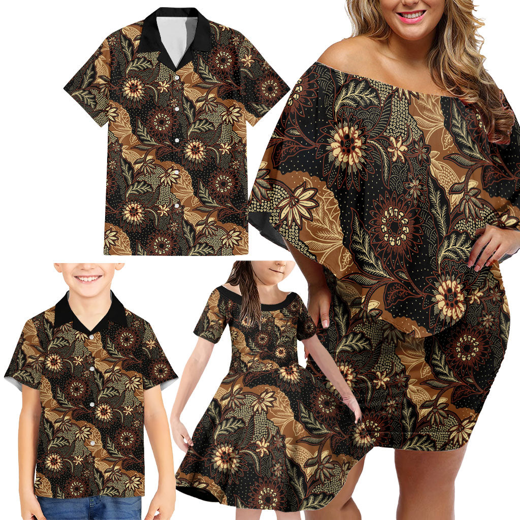 Batik Pedalaman Semen Lereng Style Family Matching Off Shoulder Short Dress and Hawaiian Shirt Indonesian Traditional Pattern