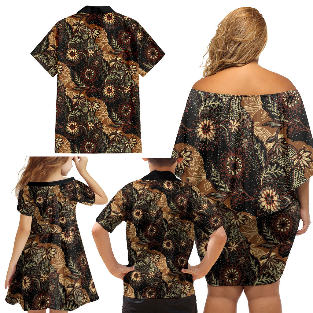 Batik Pedalaman Semen Lereng Style Family Matching Off Shoulder Short Dress and Hawaiian Shirt Indonesian Traditional Pattern