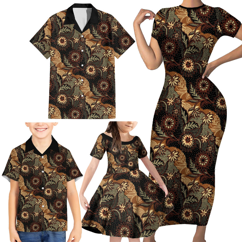 Batik Pedalaman Semen Lereng Style Family Matching Short Sleeve Bodycon Dress and Hawaiian Shirt Indonesian Traditional Pattern