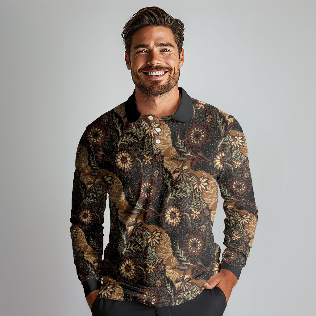 Batik Pedalaman Semen Lereng Style Long Sleeve Polo Shirt Indonesian Traditional Pattern