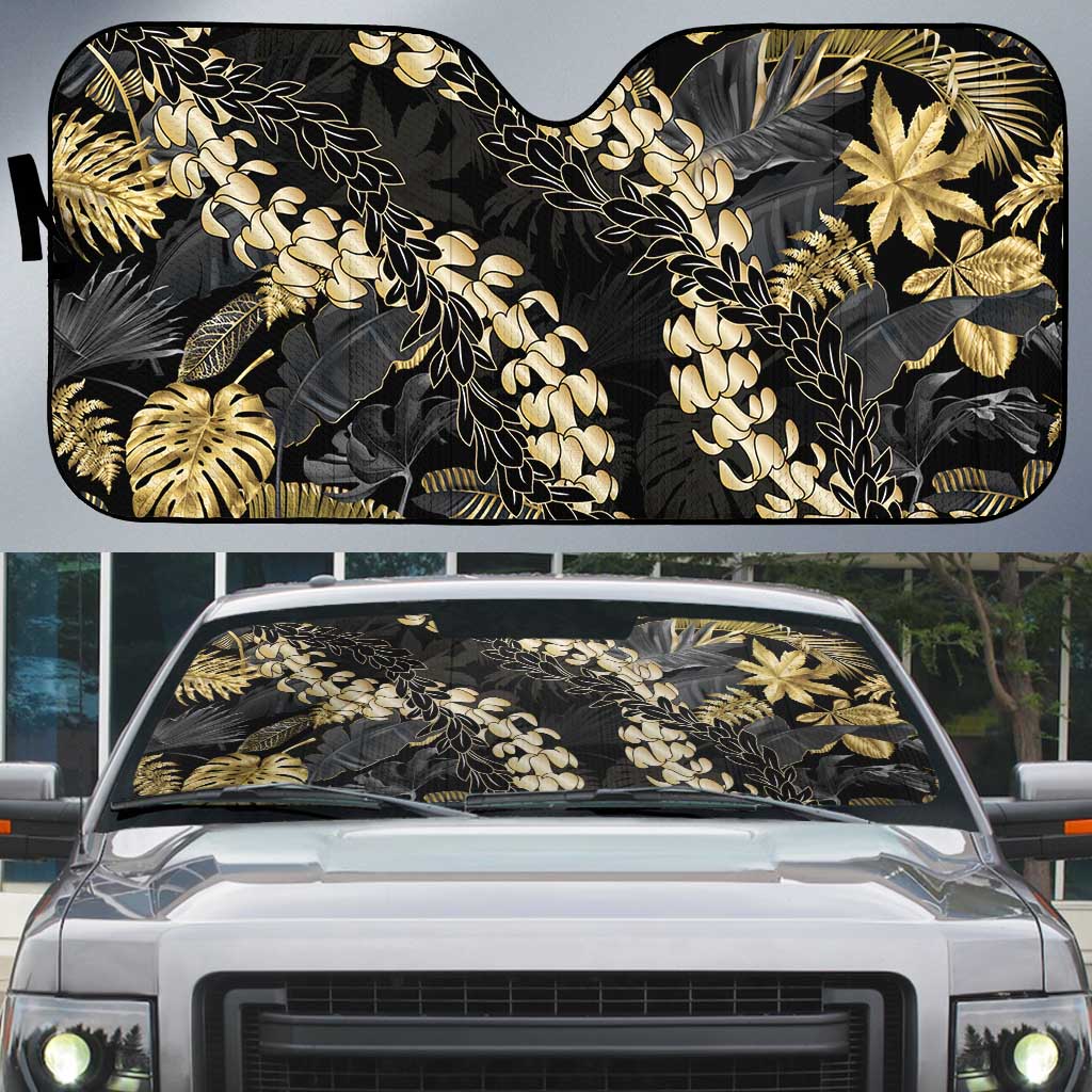 Gold Tropical Leaves Hawaii Mikioi Lei Auto Sun Shade Luxury Stylized - Polynesian Pride