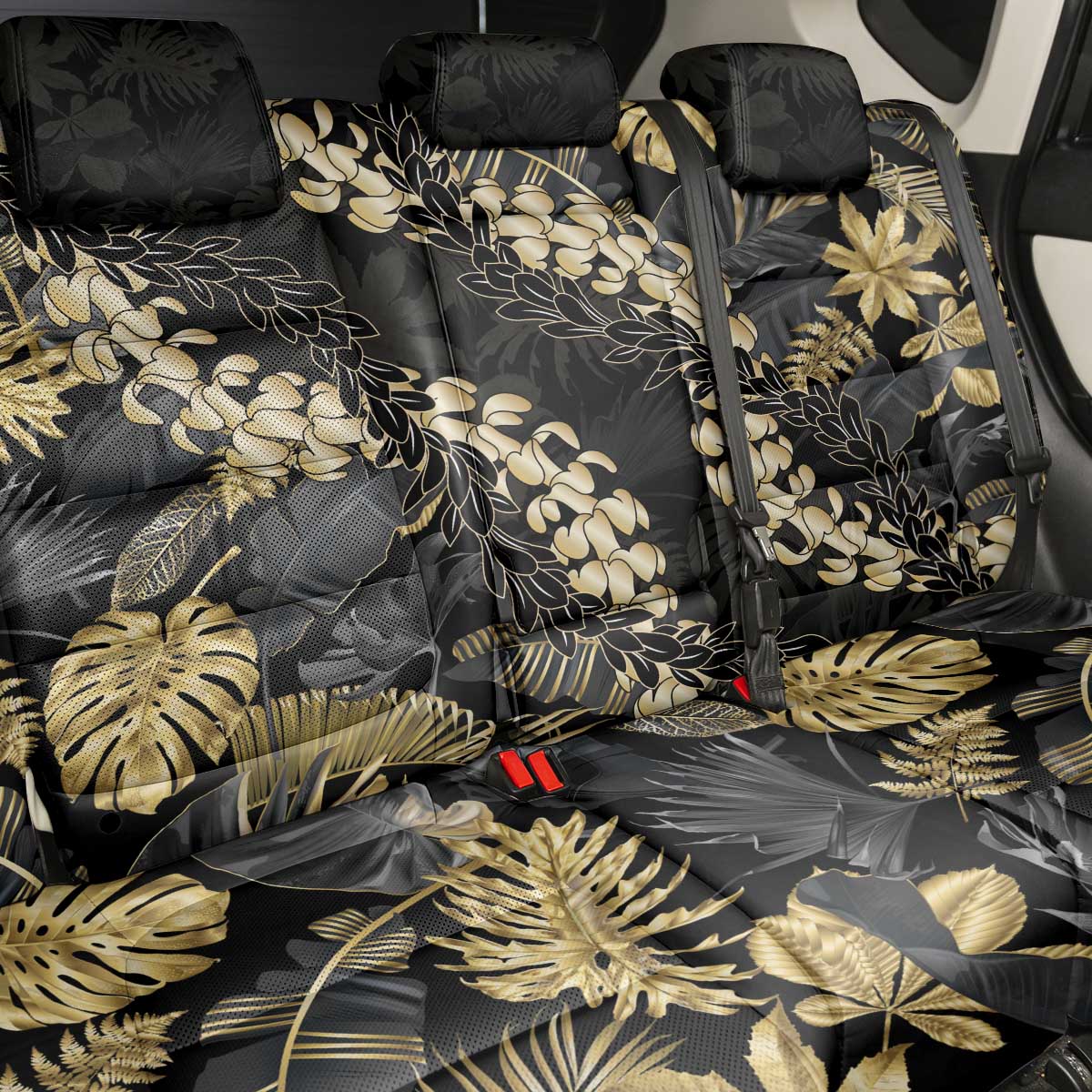 Gold Tropical Leaves Hawaii Mikioi Lei Back Car Seat Cover Luxury Stylized - Polynesian Pride