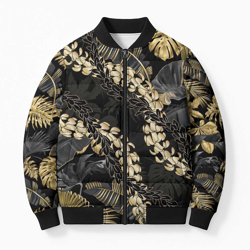 Gold Tropical Leaves Hawaii Mikioi Lei Bomber Puffer Jacket Luxury Stylized - Polynesian Pride