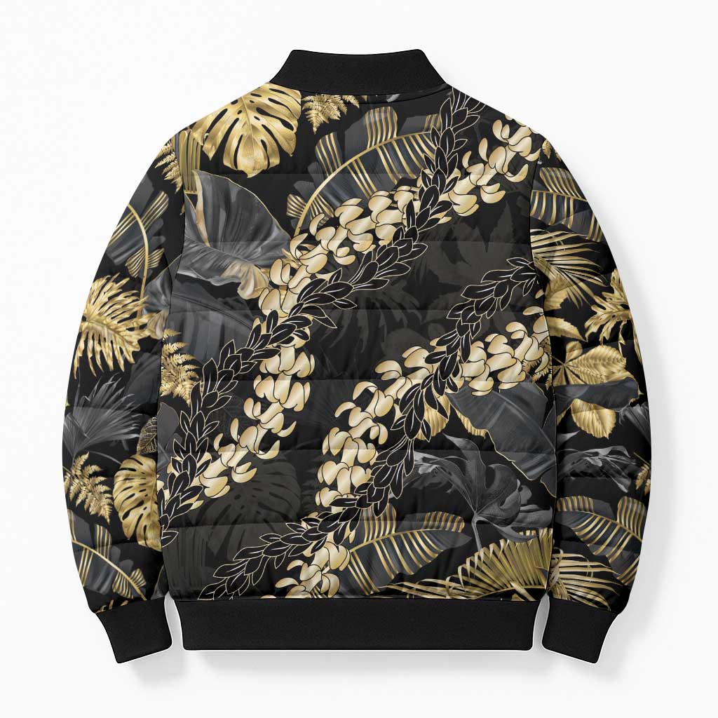 Gold Tropical Leaves Hawaii Mikioi Lei Bomber Puffer Jacket Luxury Stylized - Polynesian Pride