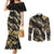 Gold Tropical Leaves Hawaii Mikioi Lei Couples Matching Mermaid Dress and Long Sleeve Button Shirt Luxury Stylized - Polynesian Pride