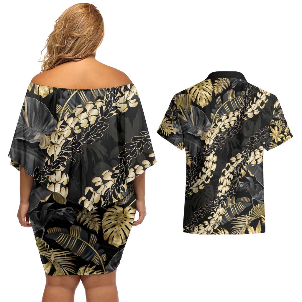 Gold Tropical Leaves Hawaii Mikioi Lei Couples Matching Off Shoulder Short Dress and Hawaiian Shirt Luxury Stylized - Polynesian Pride