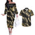 Gold Tropical Leaves Hawaii Mikioi Lei Couples Matching Off The Shoulder Long Sleeve Dress and Hawaiian Shirt Luxury Stylized - Polynesian Pride