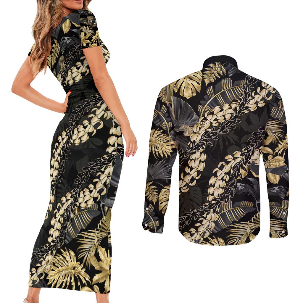 Gold Tropical Leaves Hawaii Mikioi Lei Couples Matching Short Sleeve Bodycon Dress and Long Sleeve Button Shirt Luxury Stylized - Polynesian Pride