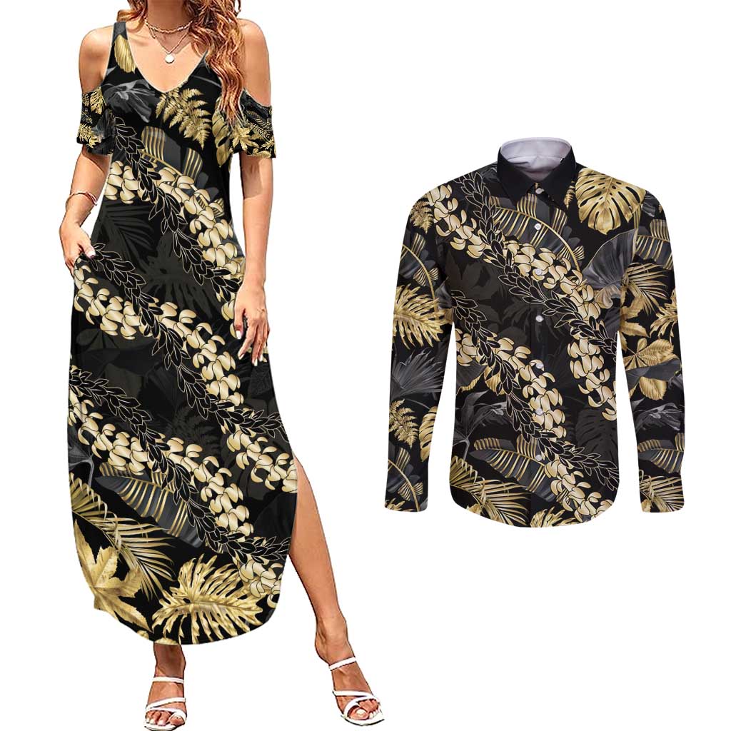 Gold Tropical Leaves Hawaii Mikioi Lei Couples Matching Summer Maxi Dress and Long Sleeve Button Shirt Luxury Stylized - Polynesian Pride