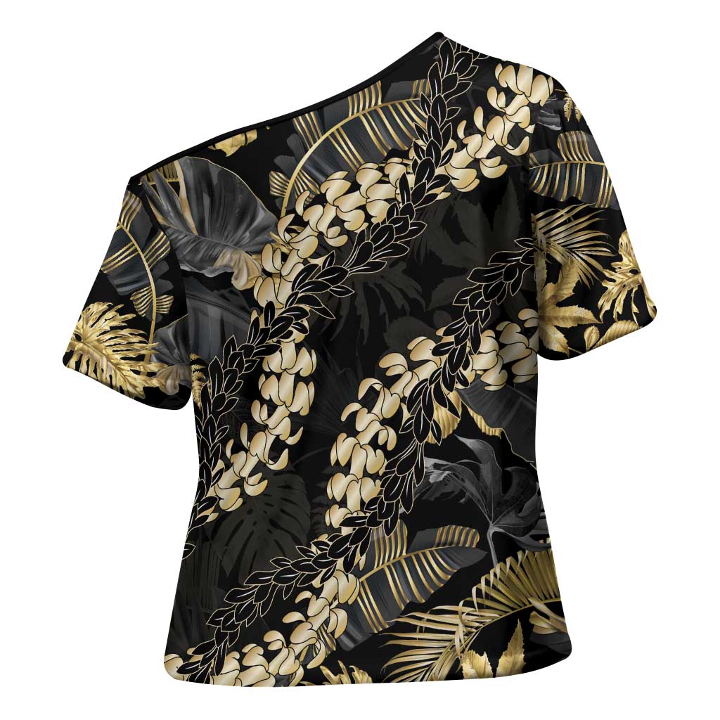 Gold Tropical Leaves Hawaii Mikioi Lei Cross Shoulder Shirt Luxury Stylized - Polynesian Pride