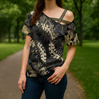 Gold Tropical Leaves Hawaii Mikioi Lei Cross Shoulder Shirt Luxury Stylized - Polynesian Pride