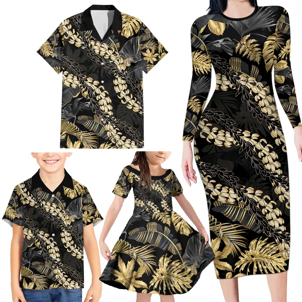 Gold Tropical Leaves Hawaii Mikioi Lei Family Matching Long Sleeve Bodycon Dress and Hawaiian Shirt Luxury Stylized - Polynesian Pride