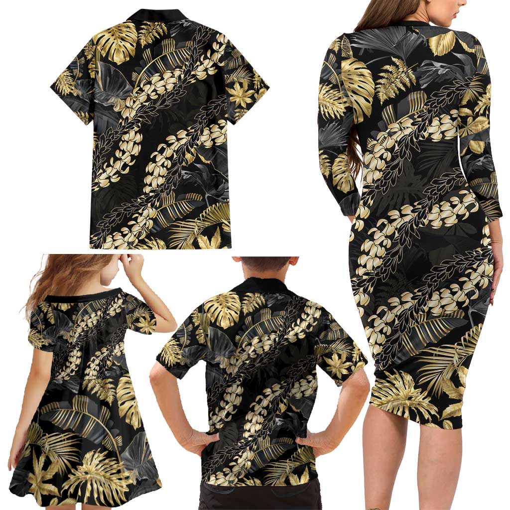 Gold Tropical Leaves Hawaii Mikioi Lei Family Matching Long Sleeve Bodycon Dress and Hawaiian Shirt Luxury Stylized - Polynesian Pride