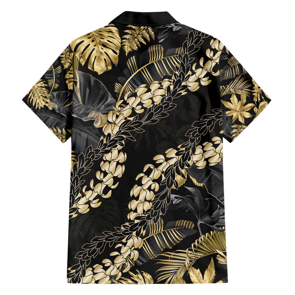 Gold Tropical Leaves Hawaii Mikioi Lei Family Matching Long Sleeve Bodycon Dress and Hawaiian Shirt Luxury Stylized - Polynesian Pride