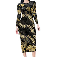 Gold Tropical Leaves Hawaii Mikioi Lei Family Matching Long Sleeve Bodycon Dress and Hawaiian Shirt Luxury Stylized - Polynesian Pride
