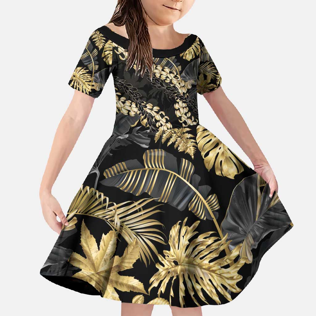 Gold Tropical Leaves Hawaii Mikioi Lei Family Matching Mermaid Dress and Hawaiian Shirt Luxury Stylized - Polynesian Pride