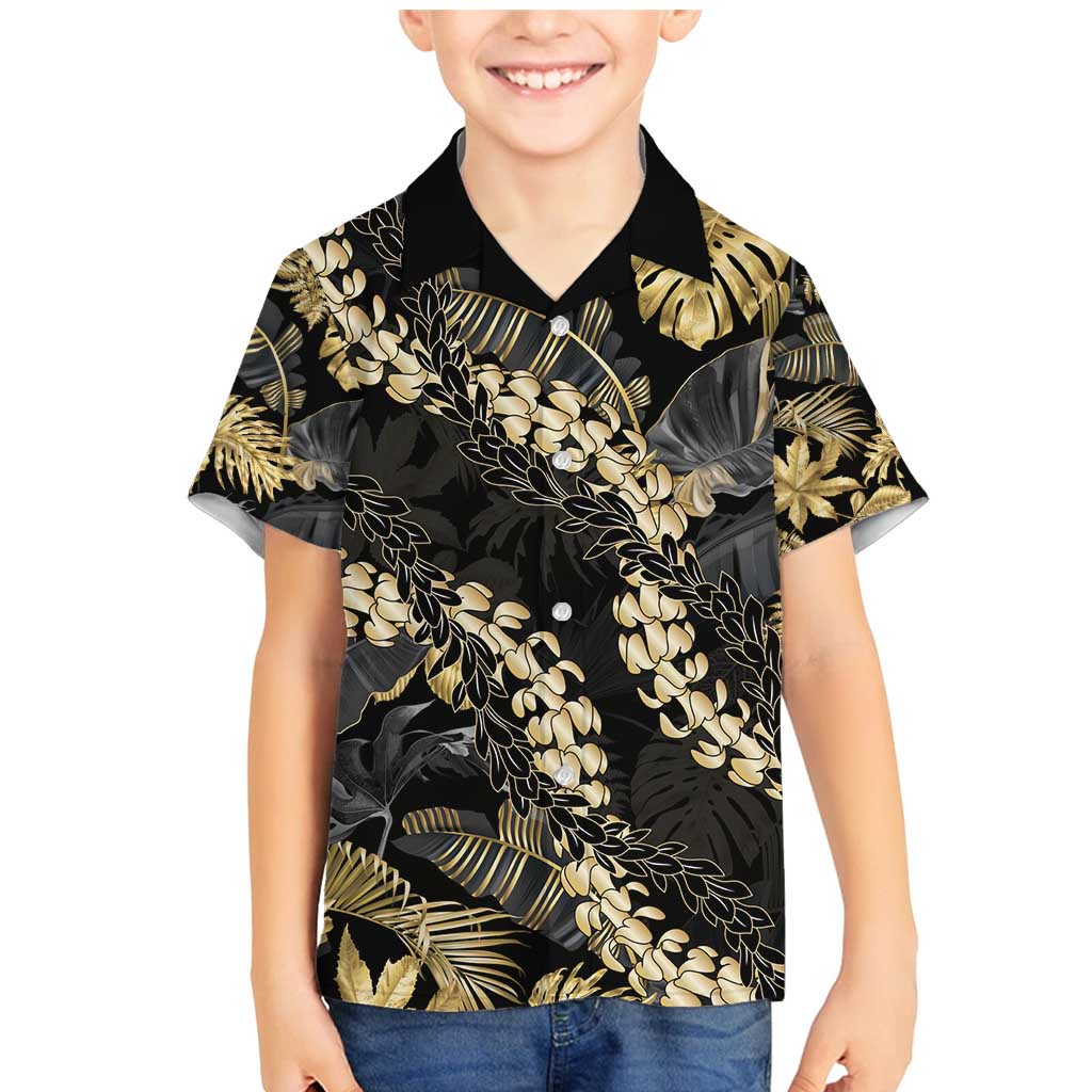 Gold Tropical Leaves Hawaii Mikioi Lei Family Matching Mermaid Dress and Hawaiian Shirt Luxury Stylized - Polynesian Pride