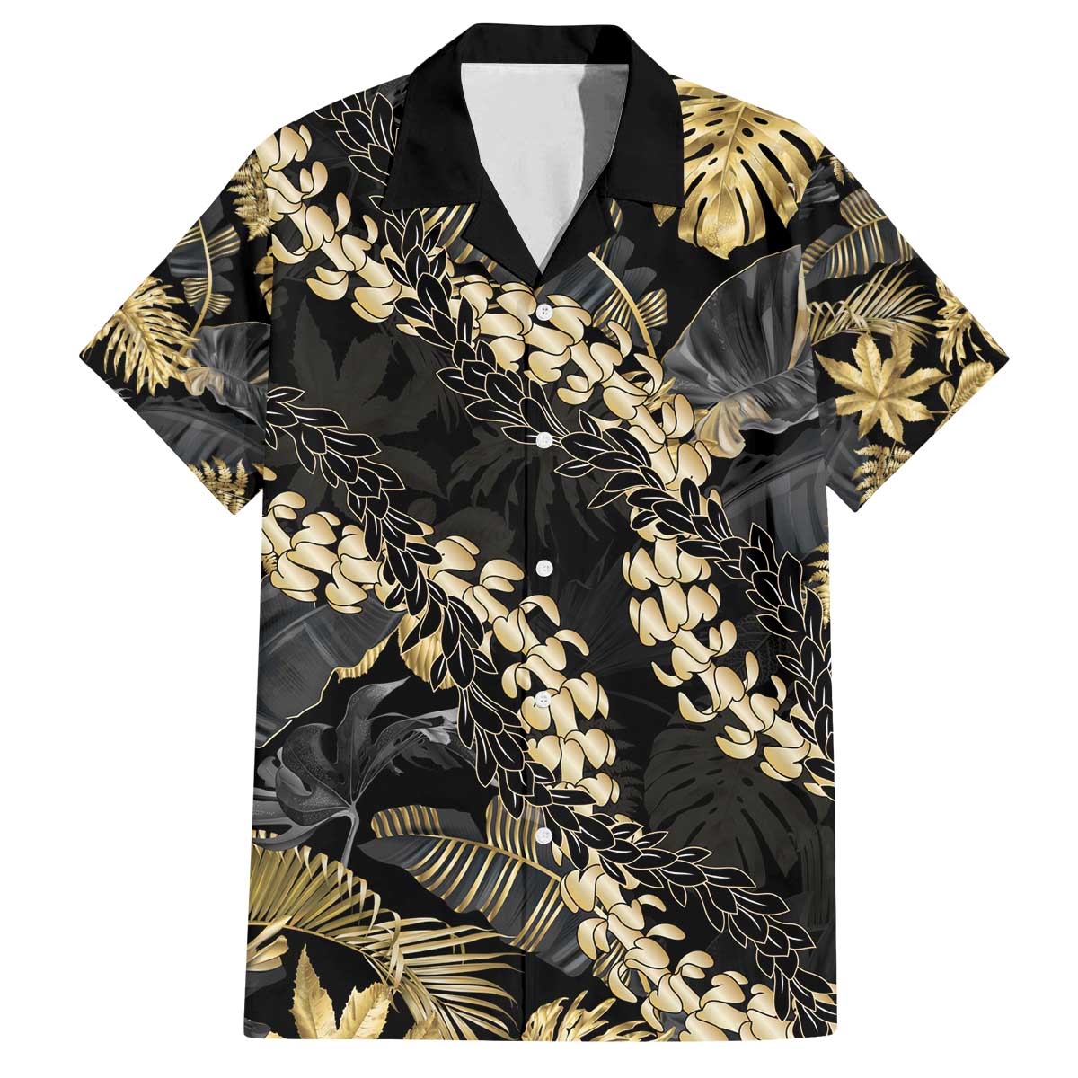 Gold Tropical Leaves Hawaii Mikioi Lei Family Matching Off The Shoulder Long Sleeve Dress and Hawaiian Shirt Luxury Stylized - Polynesian Pride