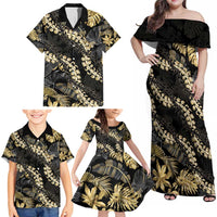 Gold Tropical Leaves Hawaii Mikioi Lei Family Matching Off Shoulder Maxi Dress and Hawaiian Shirt Luxury Stylized - Polynesian Pride