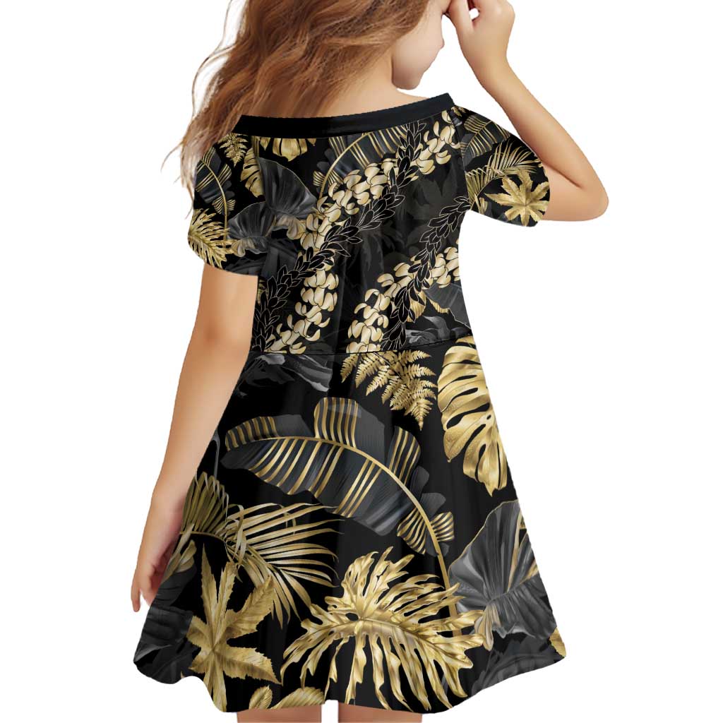 Gold Tropical Leaves Hawaii Mikioi Lei Family Matching Off Shoulder Short Dress and Hawaiian Shirt Luxury Stylized - Polynesian Pride