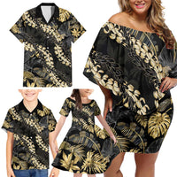 Gold Tropical Leaves Hawaii Mikioi Lei Family Matching Off Shoulder Short Dress and Hawaiian Shirt Luxury Stylized - Polynesian Pride