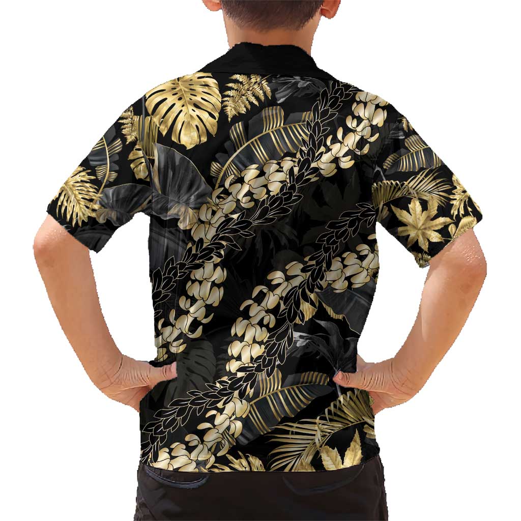 Gold Tropical Leaves Hawaii Mikioi Lei Family Matching Short Sleeve Bodycon Dress and Hawaiian Shirt Luxury Stylized - Polynesian Pride