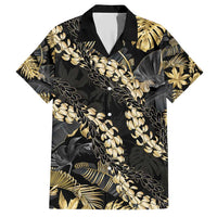 Gold Tropical Leaves Hawaii Mikioi Lei Family Matching Short Sleeve Bodycon Dress and Hawaiian Shirt Luxury Stylized - Polynesian Pride